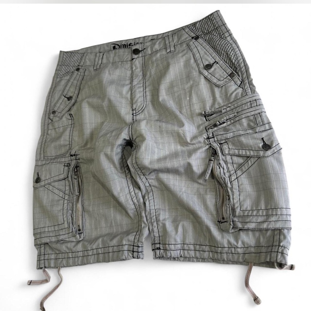 y2k Drawstring Cargo Shorts Distressed Striped 100% Cotton Utility Men Size 40
